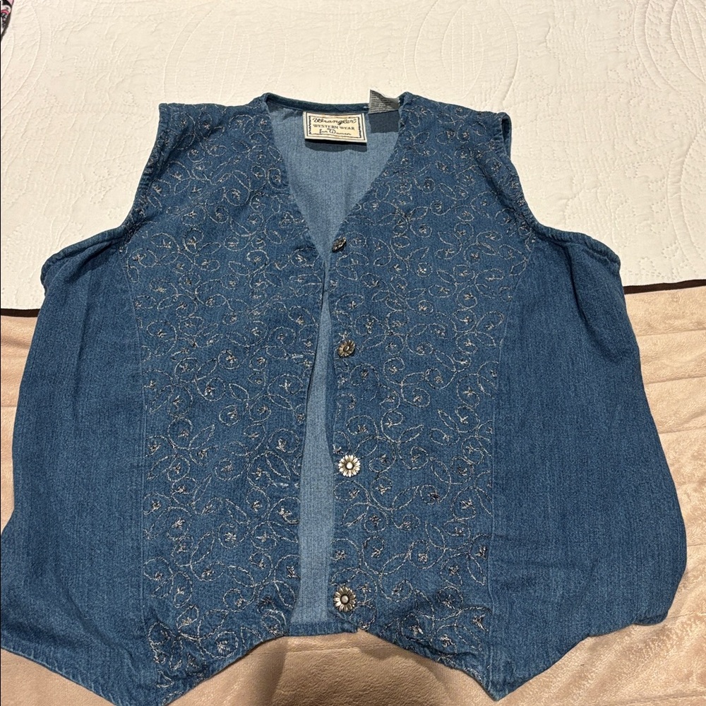 VTG WRANGLER Western Wear Denim scroll Stitching Blue Jean Vest Womens Large